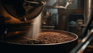 An industrial room with a large coffee roaster in the forefront to the left it is open with a large diameter bin just under it with freshly roasted coffee