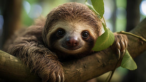 A cute baby sloth perched on a branch seemingly looking like it is smiling in the background green trees out of focus