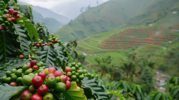 Red and green coffee cherries in focus in the bottom right lush green leaves surrounding them in the background lush green hills out of focus