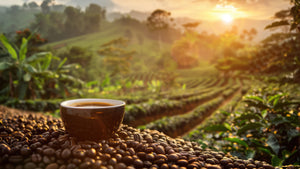 A cup with coffee sitting on a bed of coffee beans a lush landscape of palms and bushes behind it a sunset of the mountains in the distance