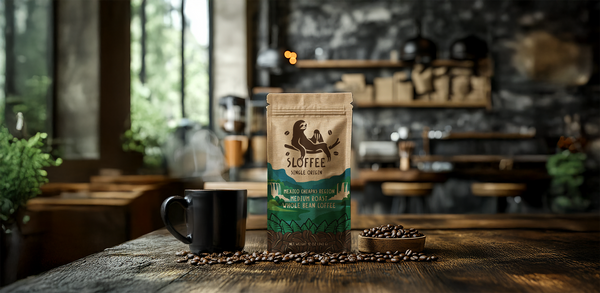 A bag of Sloffee Coffee Mexico Chiapas region to the left a coffee cup to the right a short bowl with coffee beans in the foreground coffee beans on the table the objects are sitting on in the background the inside of a coffee shop out of focus