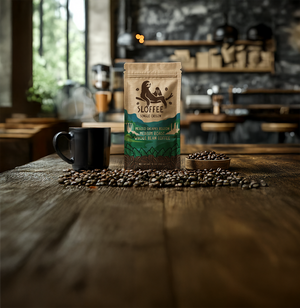 A bag of Sloffee Coffee Mexico Chiapas region to the left a coffee cup to the right a short bowl with coffee beans in the foreground coffee beans on the table the objects are sitting on in the background the inside of a coffee shop out of focus