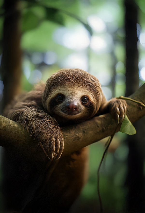 A cute baby sloth perched on a branch seemingly looking like it is smiling in the background green trees out of focus